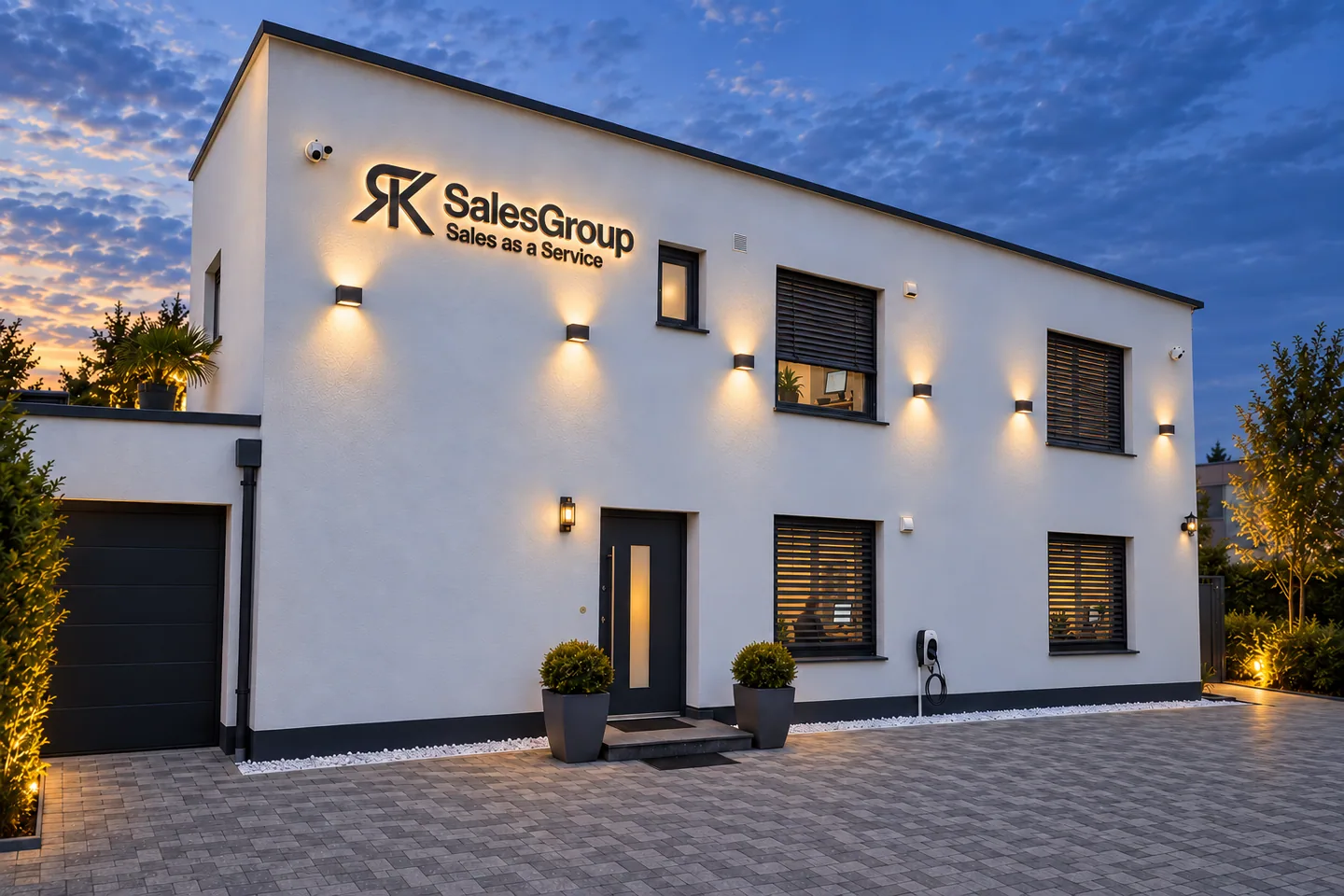 Außenansicht mit RK Sales Group Beschilderung und beleuchteter Fassade